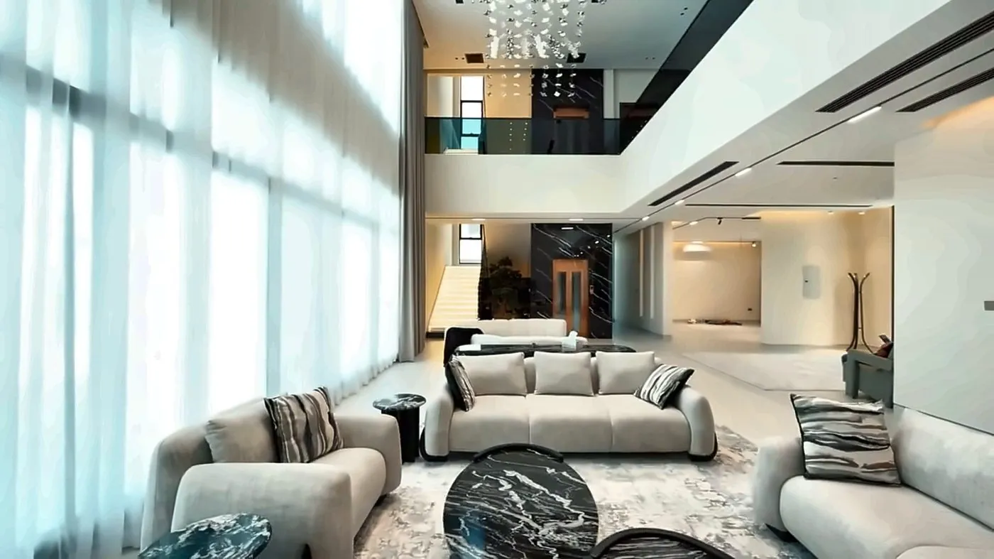 Double-height living room of a contemporary villa